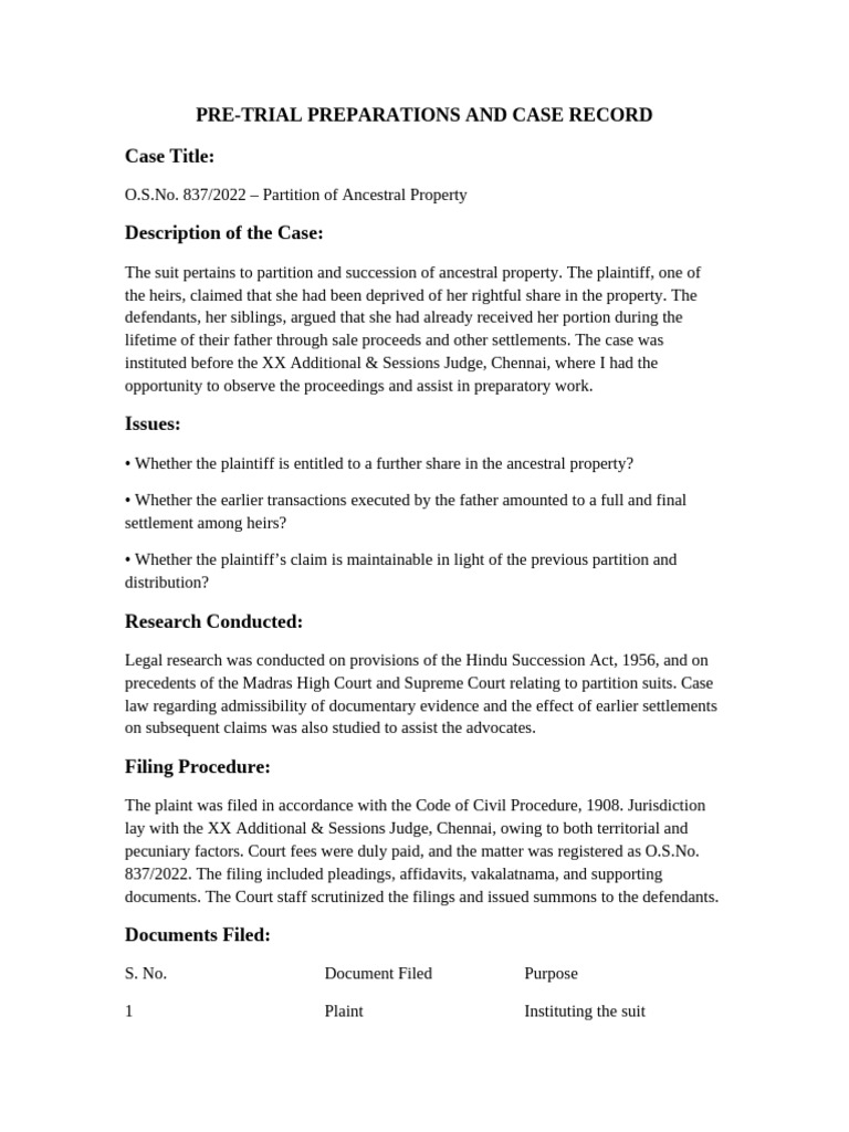 Pre-Trial Case Preparation for Property Partition | PDF | Lawsuit | Justice