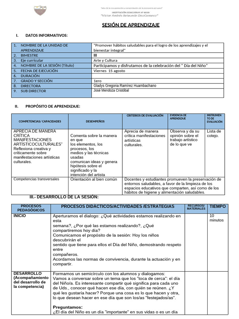 Sesion Arte y Cultura Viernes 15 de Agosto | PDF | Aprendizaje | Evaluación