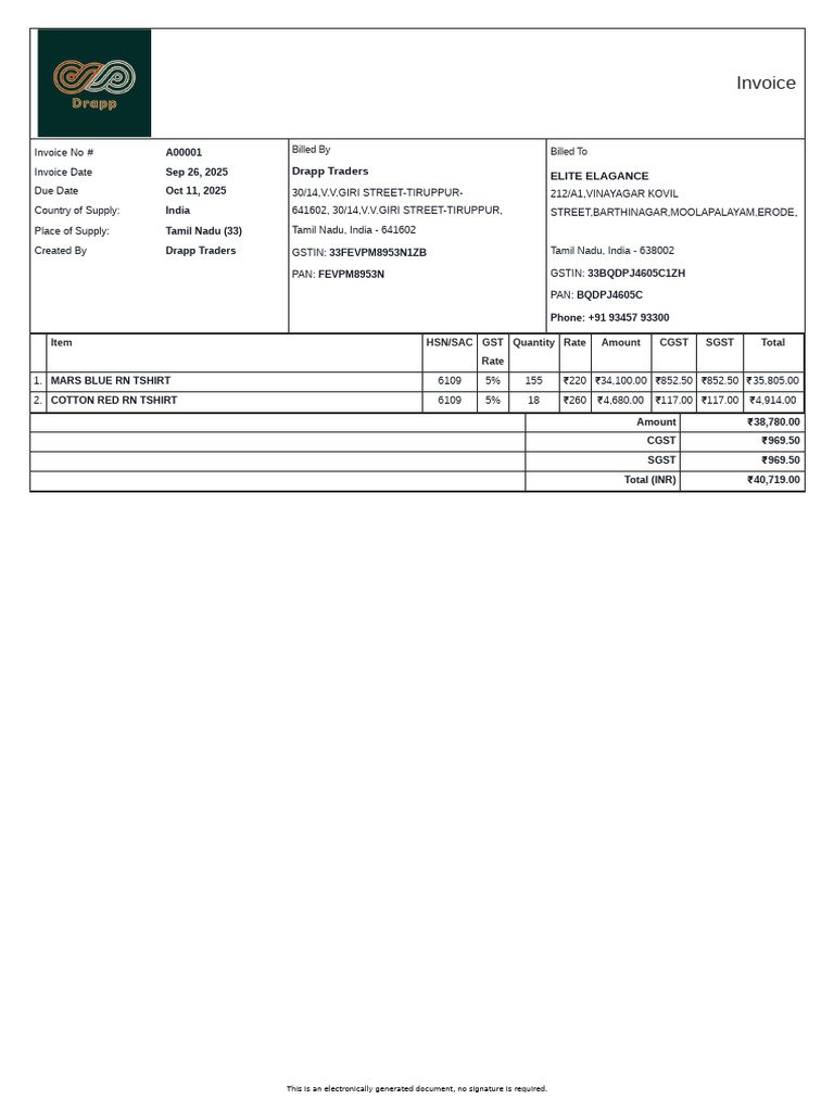 Invoice A00001 Drapp Traders Elite Elagance | PDF | Government Finances ...