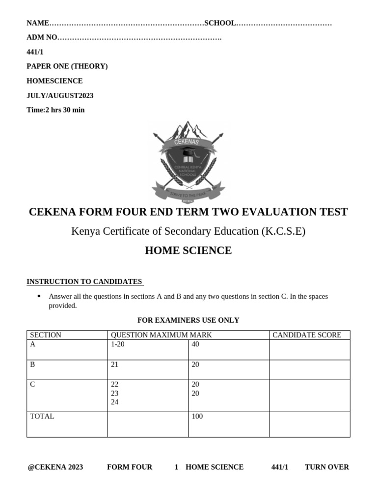 K.C.S.E Home Science Exam Paper 2023 | PDF