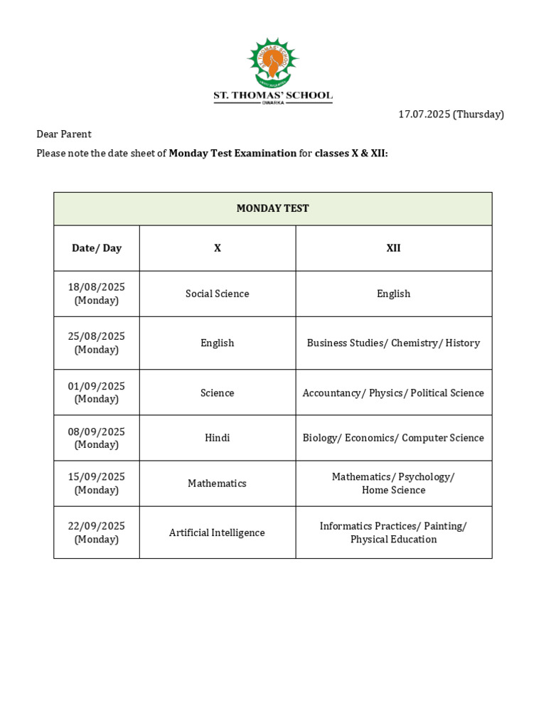Monday Test Schedule for X & XII | PDF
