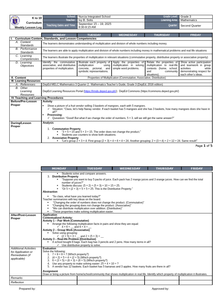 Grade 3 Math Lesson Plan: Multiplication Properties | PDF | Curriculum ...