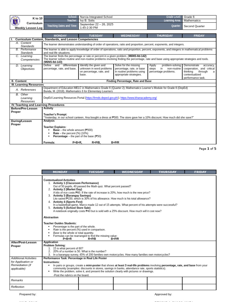 Grade 6 Math Weekly Lesson Plan | PDF | Learning | Mathematics