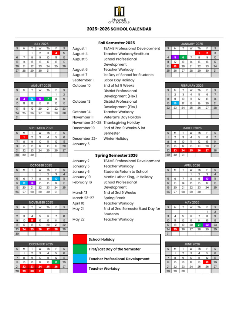 2025-2026 Hoover City Schools School Calendar 1 1 | PDF ...