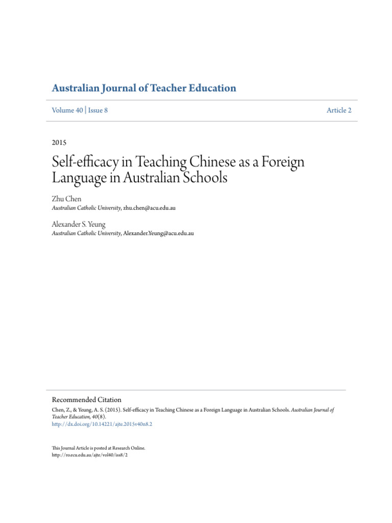 Self-Efficacy in Teaching Chinese As A Foreign Language in Australian ...