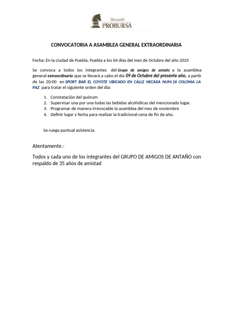 Convocatoria A Asamblea General Extraordinaria | PDF