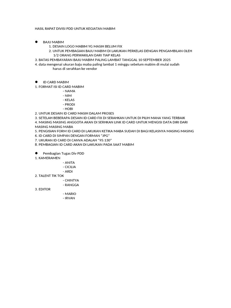 Hasil Rapat Divisi PDD Untuk Kegiatan Mabim | PDF