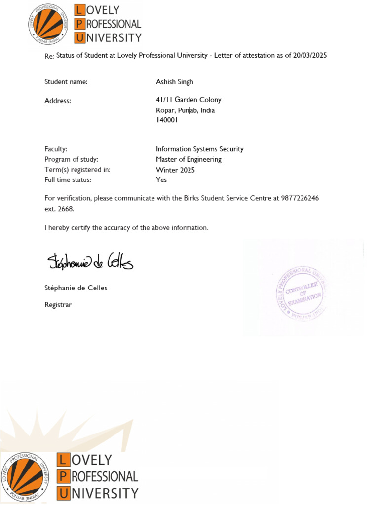 Student Status Verification Letter 2025 | PDF