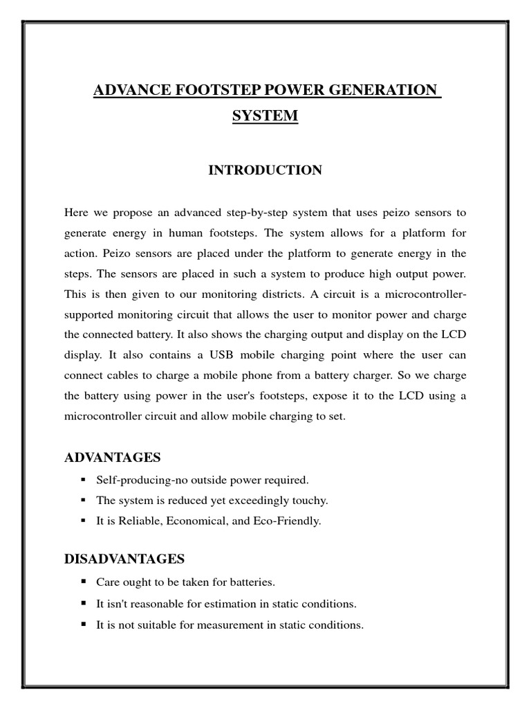 Advance Footstep Power Generation System Synopsis | PDF | Arduino ...