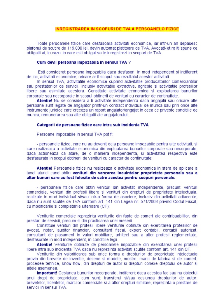 Inregistrarea In Scopuri De Tva A Persoanelo Fizice