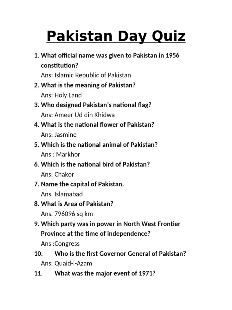 Pakistan Day Quiz: Test Your Knowledge | PDF