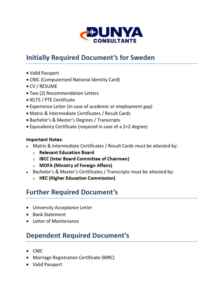 Sweden Documents Checklist | PDF