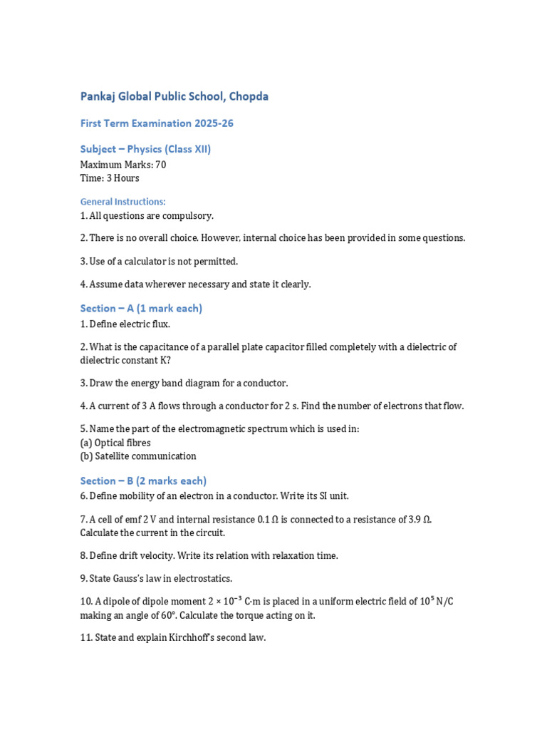 Class XII Physics Exam Paper 2025-26 | PDF | Capacitor | P–N Junction