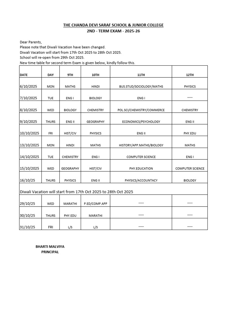 Second Term Exam Schedule 2025 | PDF