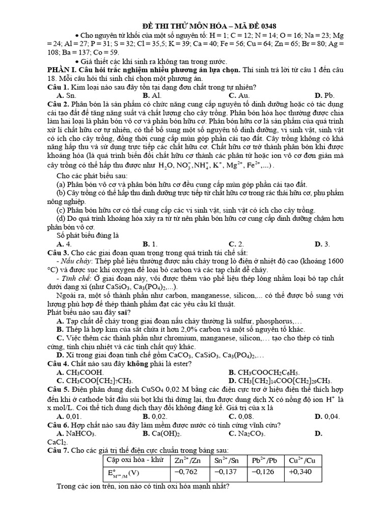 Đề Thi Thử Môn Hóa Mã Đề 0348 | PDF
