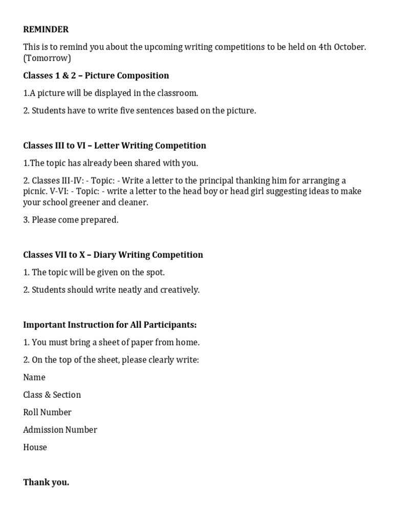 Upcoming Writing Competitions Reminder | PDF