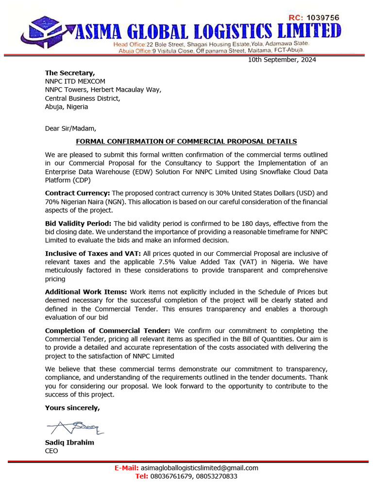 NNPC EDW Proposal Confirmation Letter | PDF