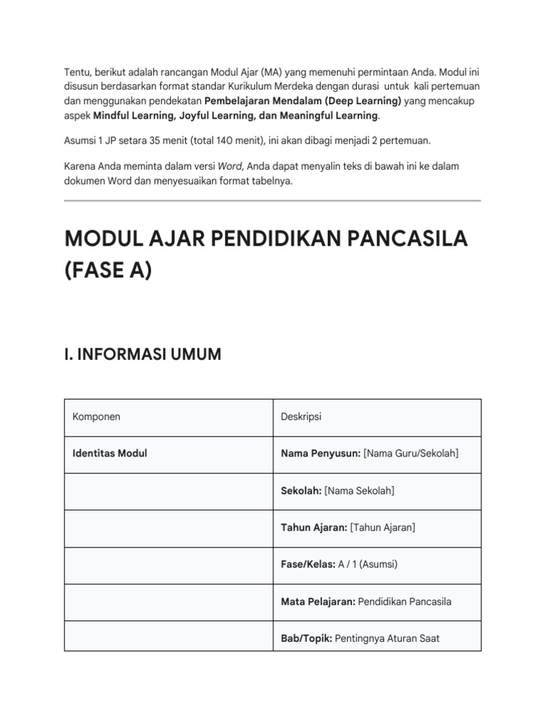Modul Ajar Pendidikan Pancasila Kelas 1 | PDF
