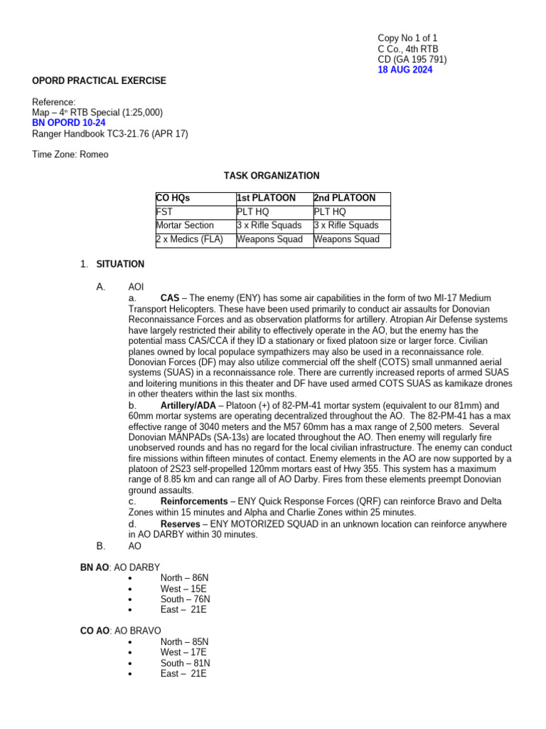 Ranger Handbook OPORD Exercise 2024 | PDF | Reconnaissance | Platoon