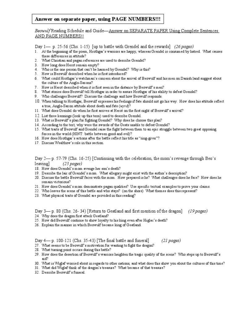 Beowulf Reading Guide and Questions | PDF | Beowulf | English Heroic ...
