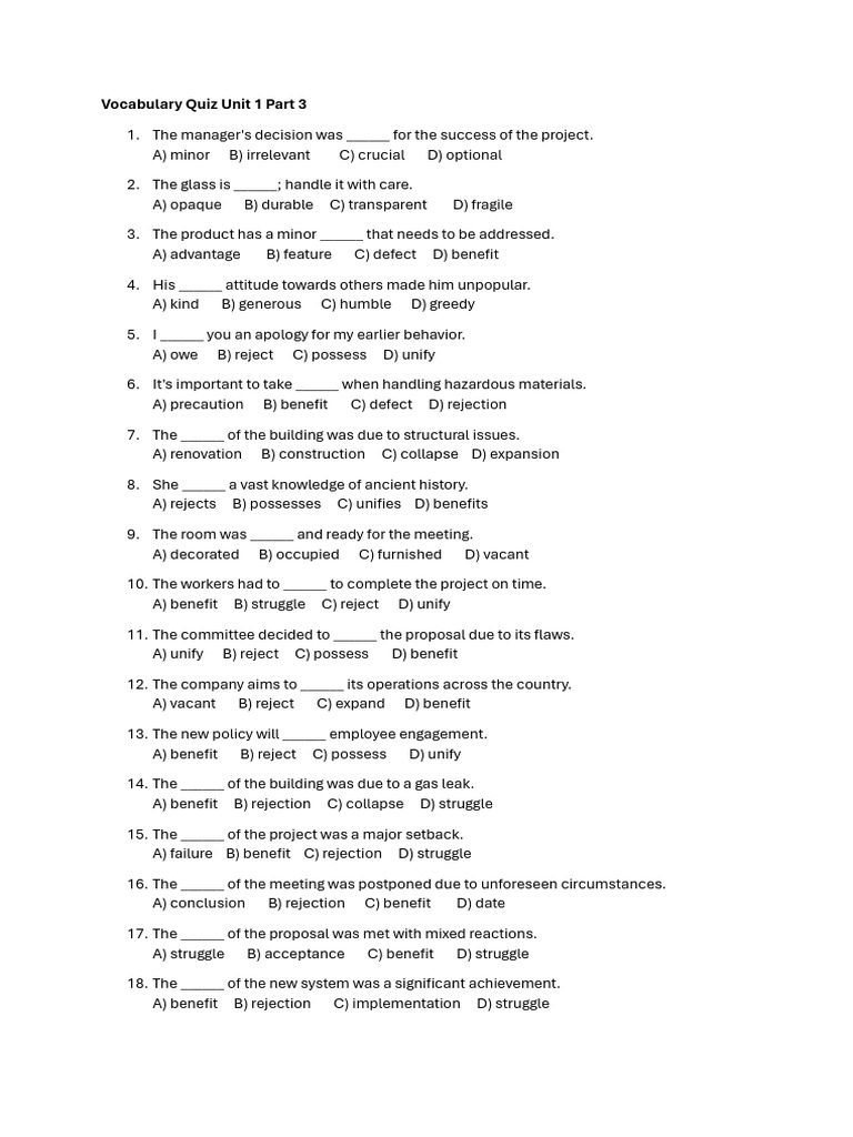 Vocabulary Quiz Unit 1 Part 3 | PDF | Policy | Employment