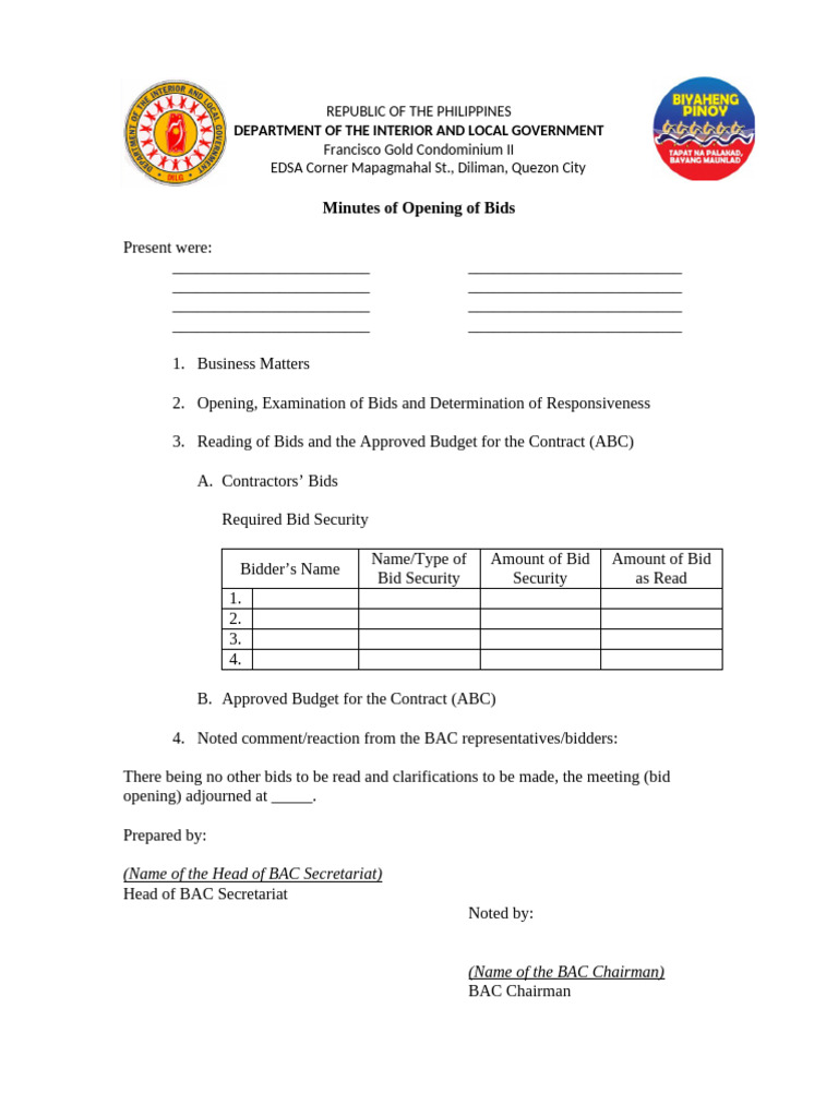 Bid Opening Minutes for Francisco Gold Condo | PDF