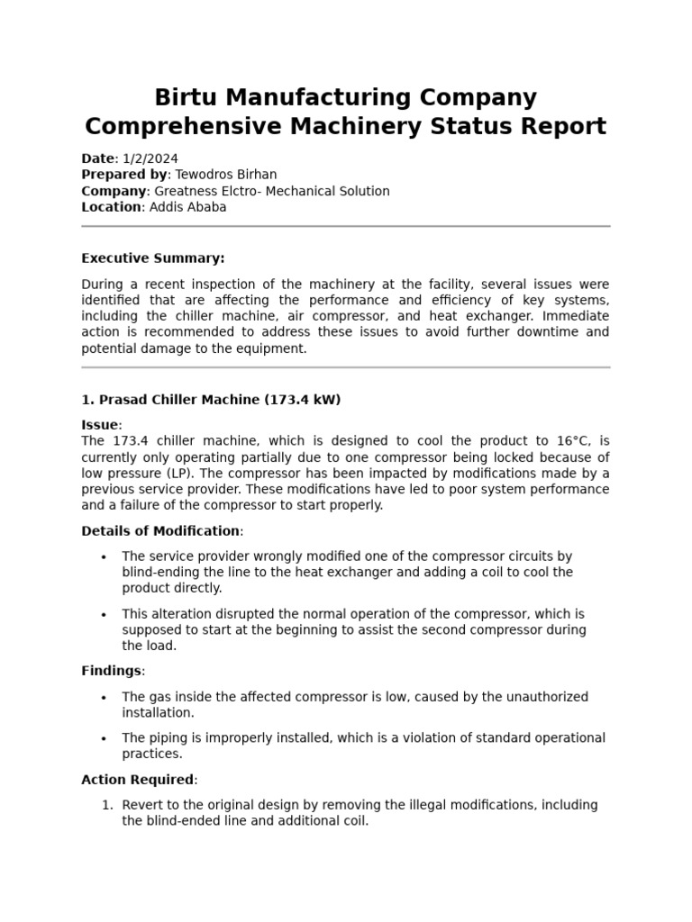 Machinery Status Report: Birtu Manufacturing | PDF | Heat Exchanger | Leak
