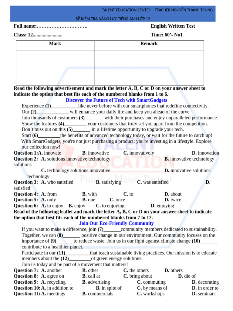English Proficiency Test for Class 12 | PDF | Social Media | Popular ...