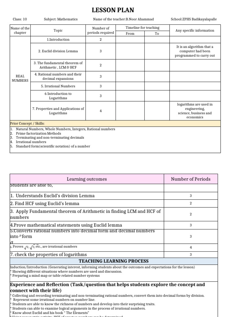 10th Maths Year Plan and Lesson Plan by Tulasi Madam | PDF | Numbers ...