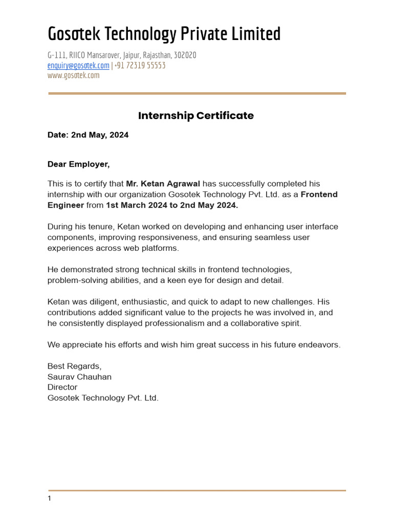 Internship Certificate for Frontend Engineer | PDF