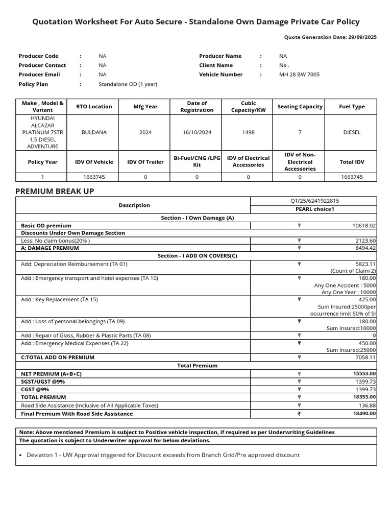 Standalone Auto Damage Policy Quotation | PDF | Vehicle Technology ...