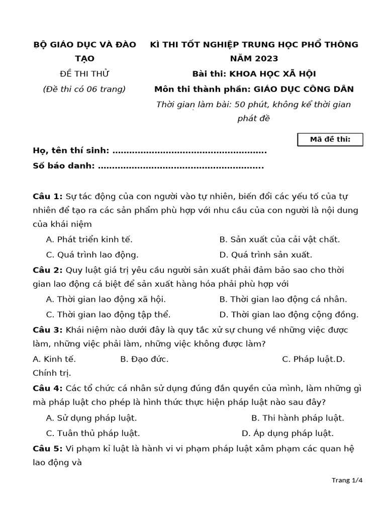 De Thi Thu Tham Khao So 1 GDCD 2023 | PDF
