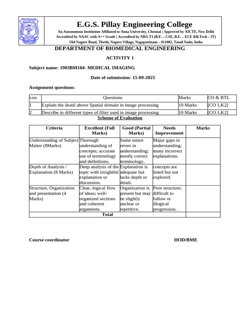 Biomedical Engineering Medical Imaging Assignment | PDF