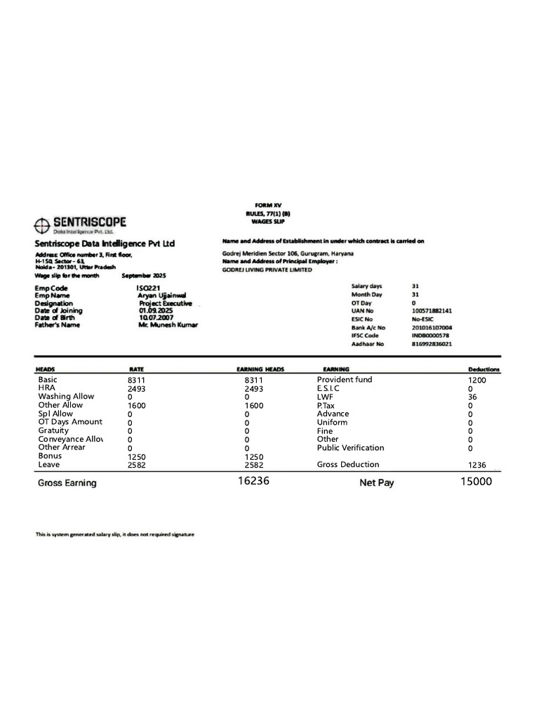 September 2025 Salary Slip Details | PDF