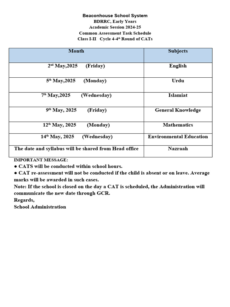 Beaconhouse Class I-II CAT Schedule 2024-25 | PDF
