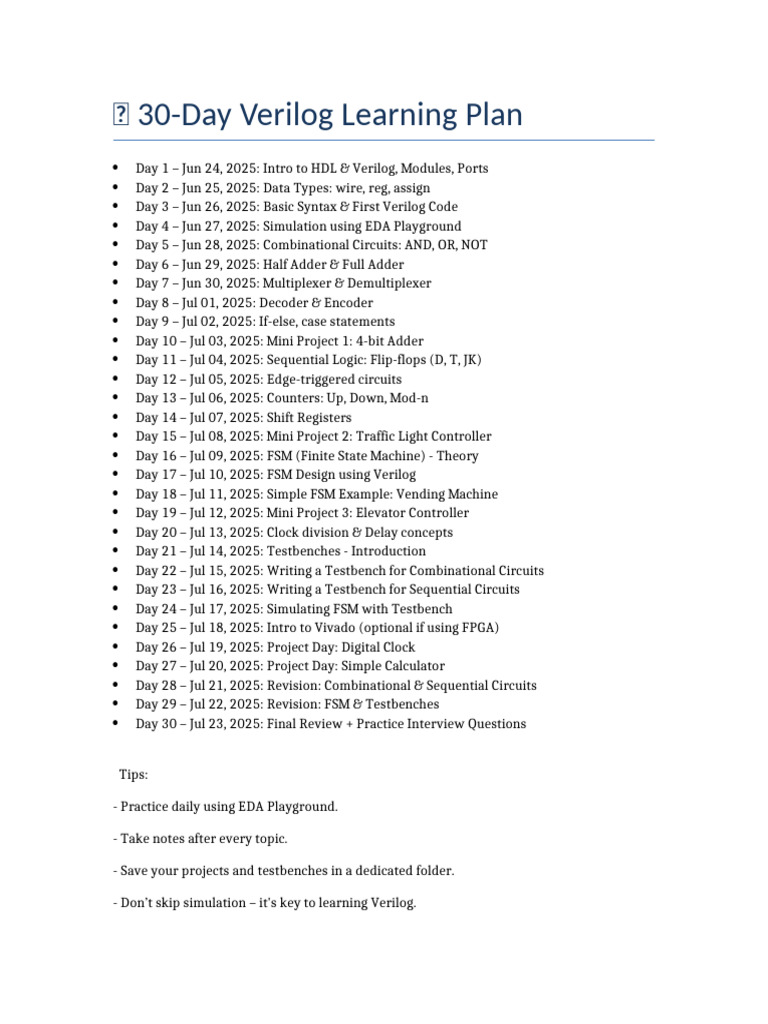 Verilog 30 Day Learning Plan | PDF
