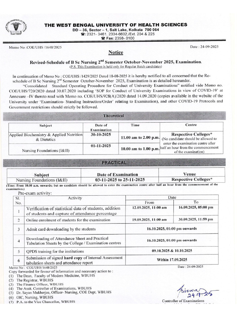 Revised Schedule of BSC Nursing 2nd Semester October November 2025 | PDF