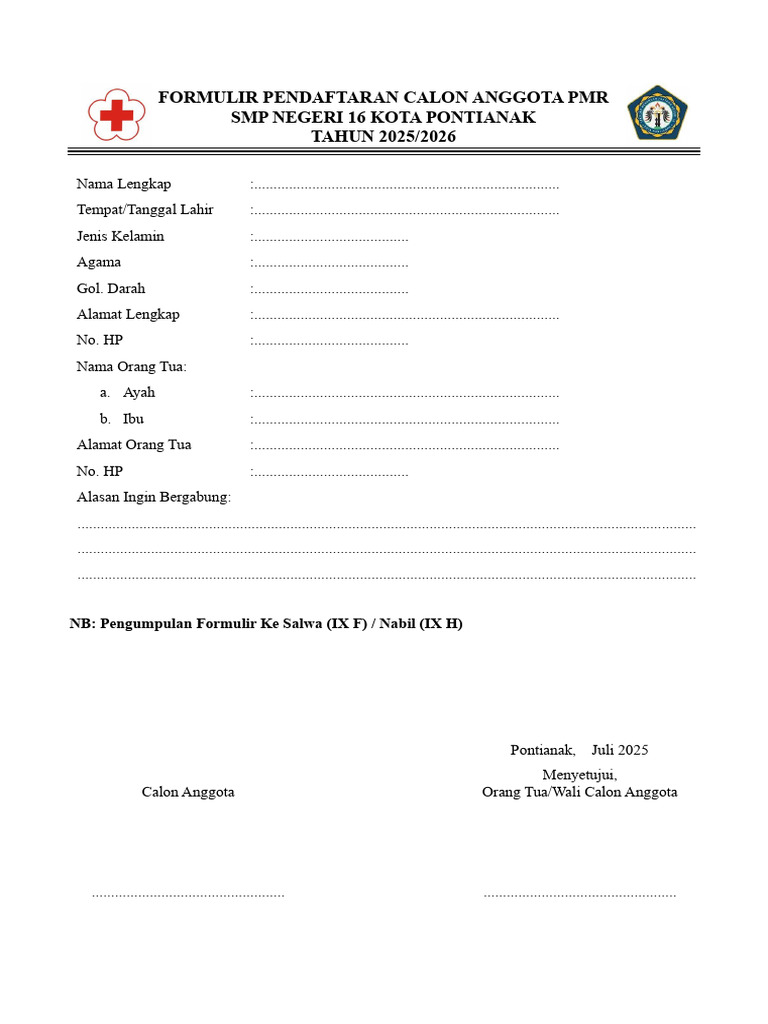 Pendaftaran Anggota PMR SMPN 16 Pontianak | PDF