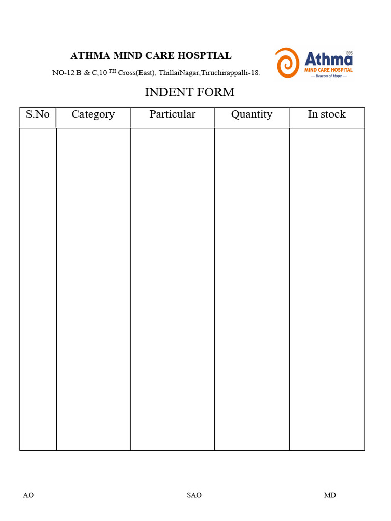 Indent Form for Athma Mind Care Hospital | PDF