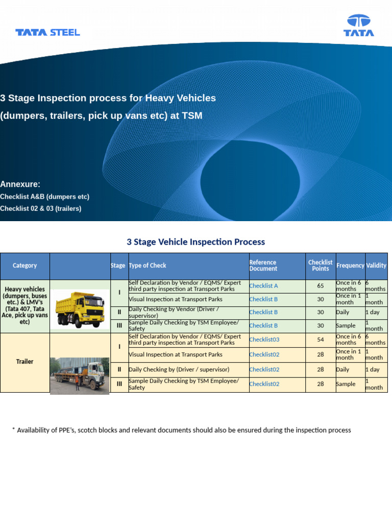 Tata Steel Heavy Vehicle Inspection Guide | PDF | Vehicles | Transport