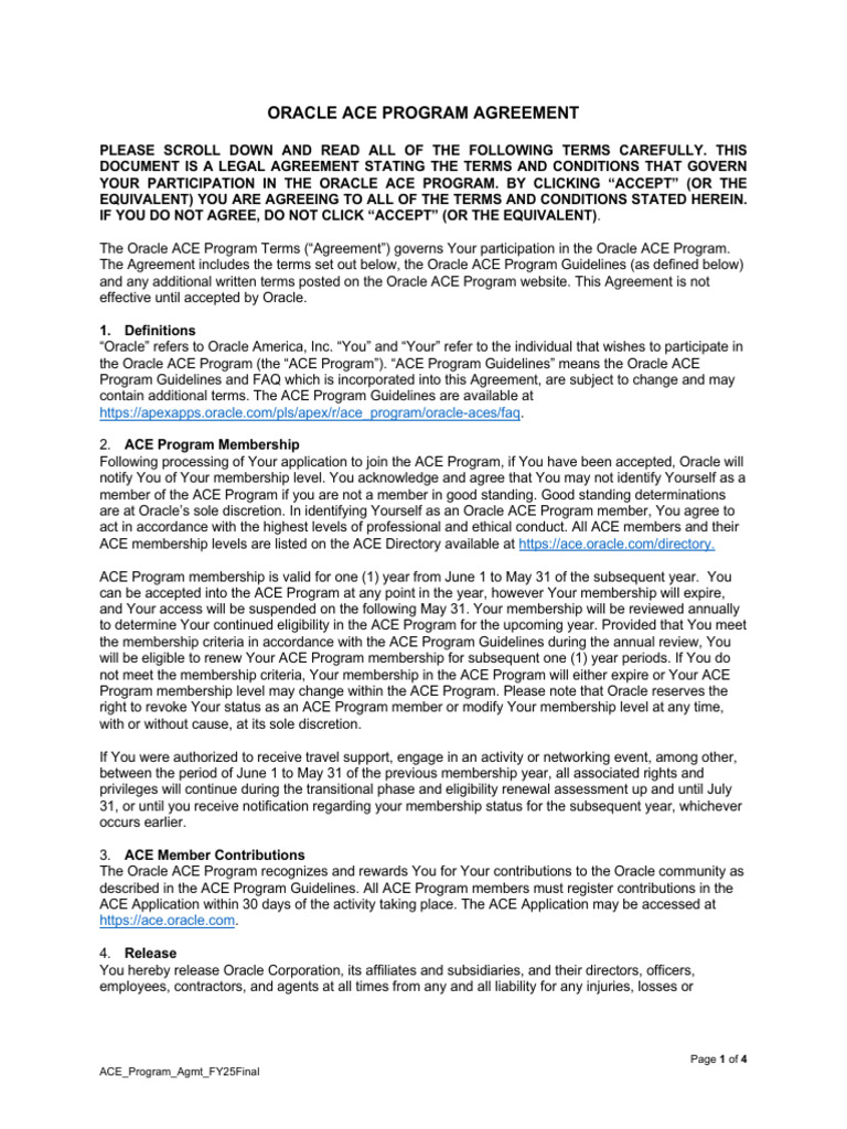 Oracle ACE Program Agreement FY25 | PDF | Oracle Corporation | Conflict ...