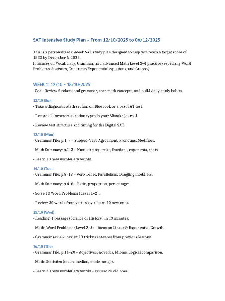 SAT Intensive Plan 12oct To 6dec2025 | PDF | Sat | Mathematics