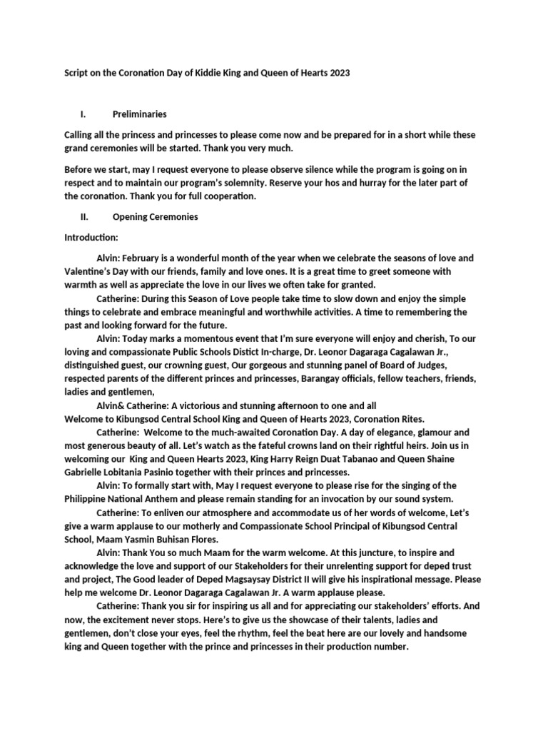 Script On The Coronation Day of Kiddie King and Queen of Hearts 2023 | PDF