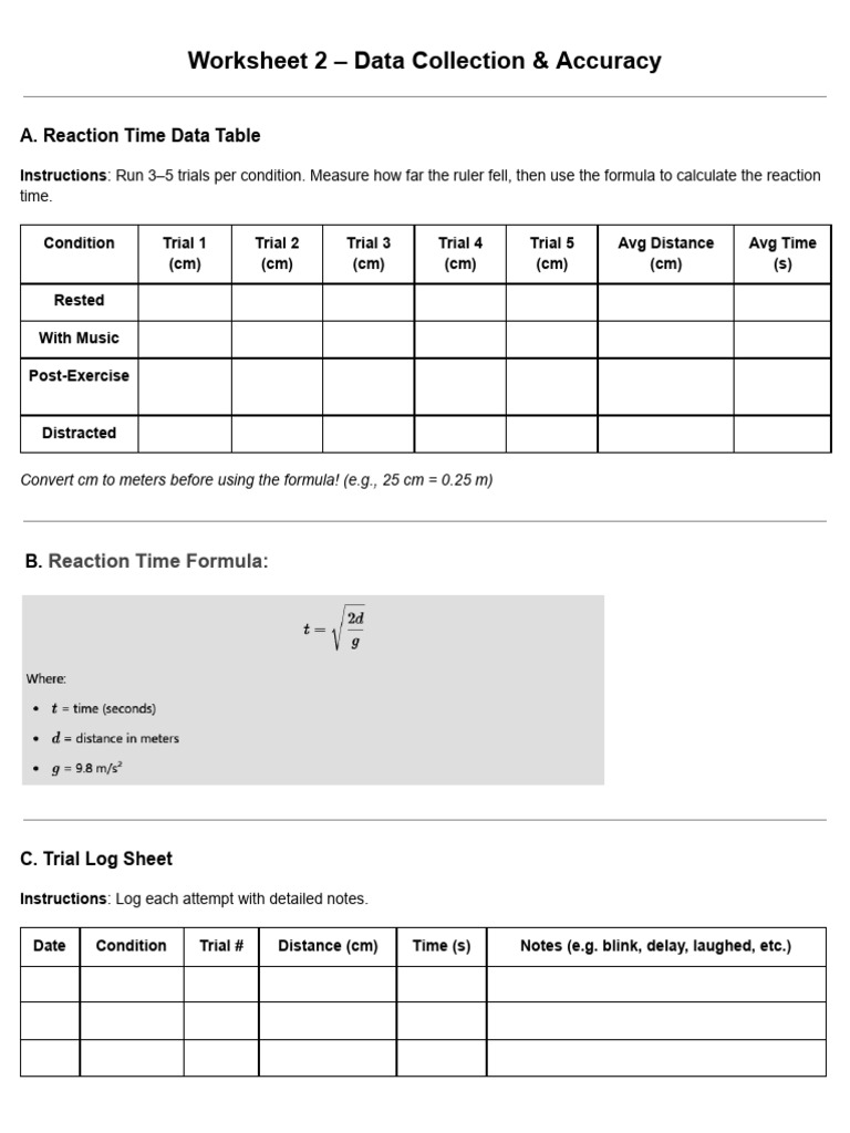 Reaction Time Data Collection Worksheet | PDF