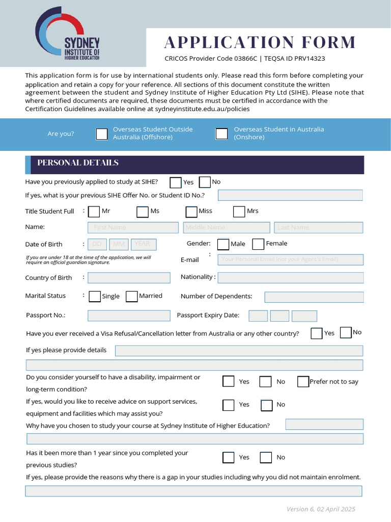SIHE International Student Application Form | PDF | Travel Visa