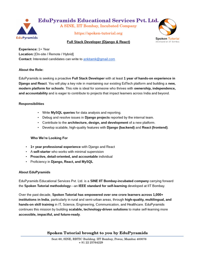 Job Description For Full Stack Developer at EduPyramids | PDF