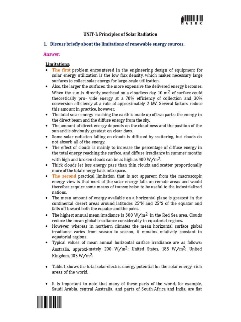 Unit-I Principles of Solar Radiation-Answers | PDF | Energy Development ...