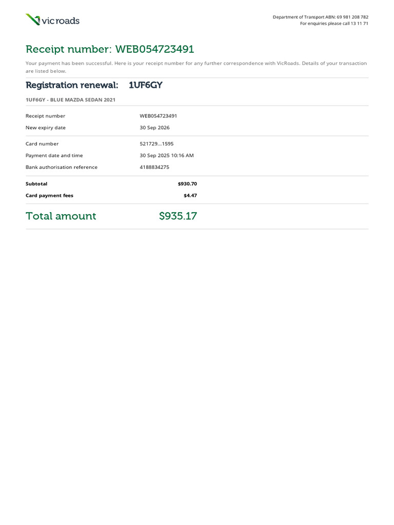 VicRoads Registration Renewal Receipt | PDF