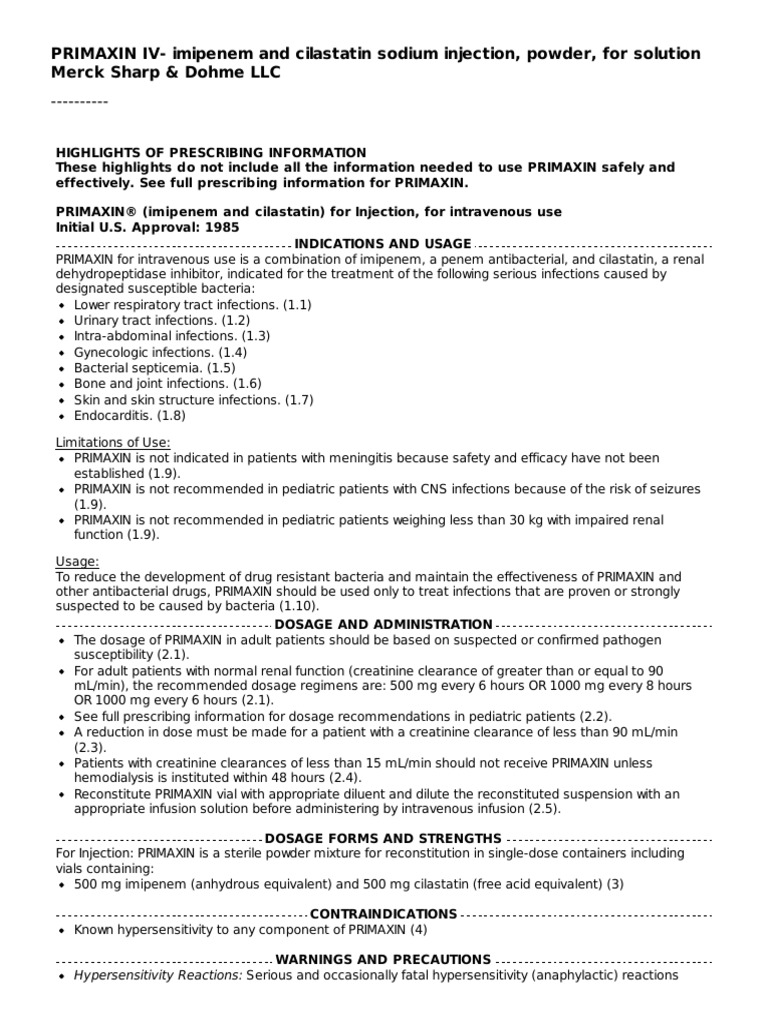 PRIMAXIN IV: Indications and Dosage Guide | PDF | Clinical Medicine ...