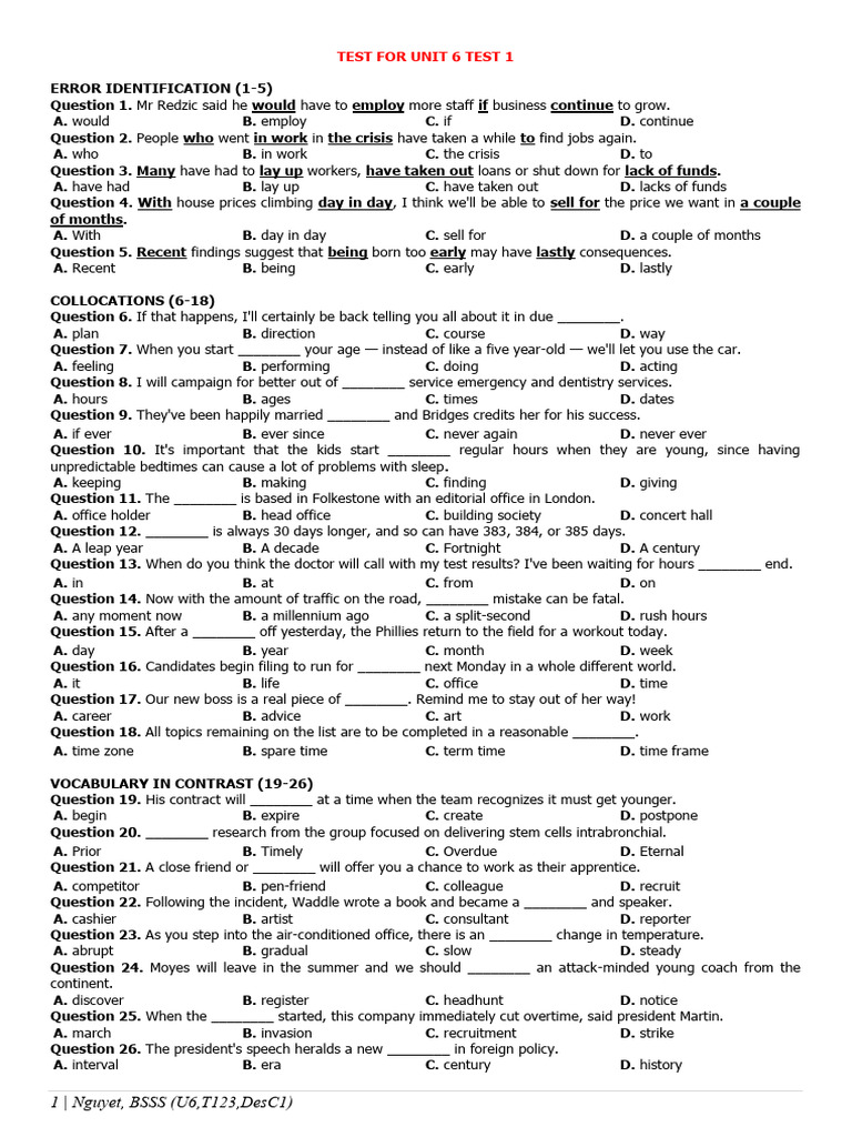 Unit 6 English Test: Error Identification | PDF